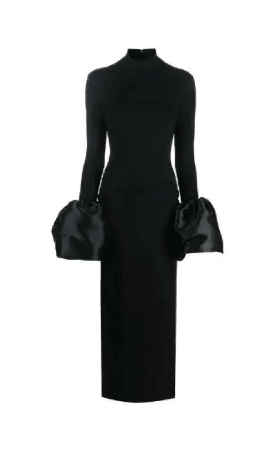 SCHWARZES MAXIKLEID MIT HOCHAUSSCHNITT UND TROMPETENÄRMELN