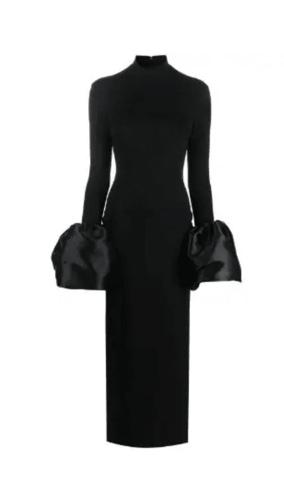 SCHWARZES MAXIKLEID MIT HOCHAUSSCHNITT UND TROMPETENÄRMELN