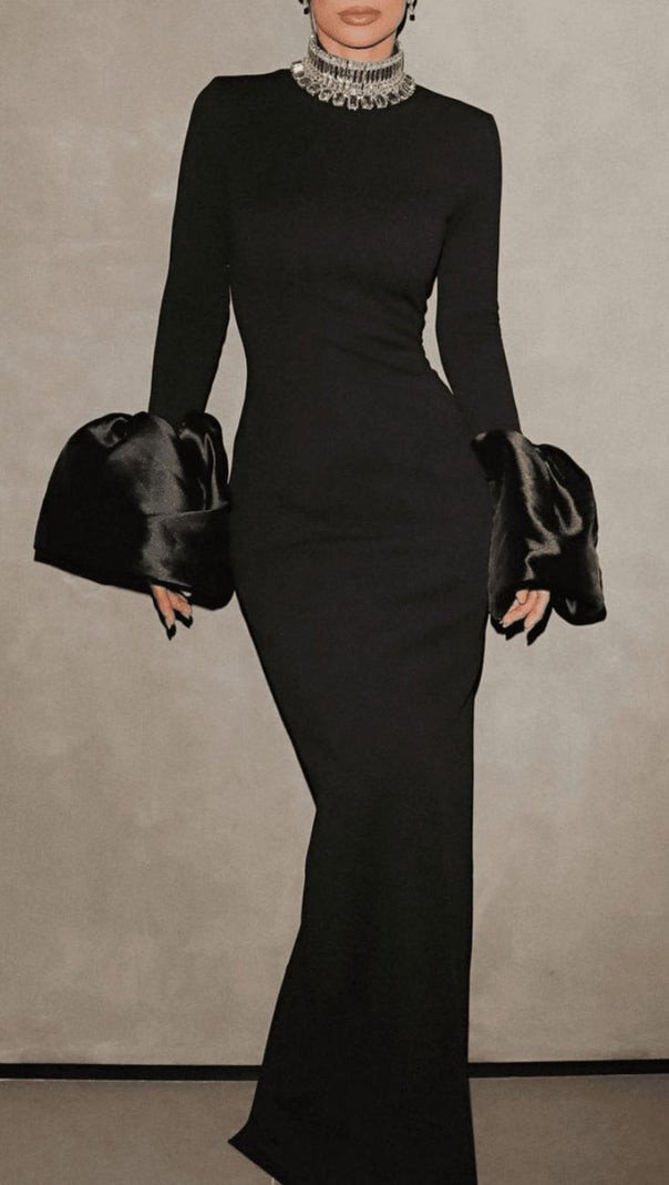 AIIZIE BLACK TRUMPET SLEEVE HIGH-NECK MAXI DRESS - product image