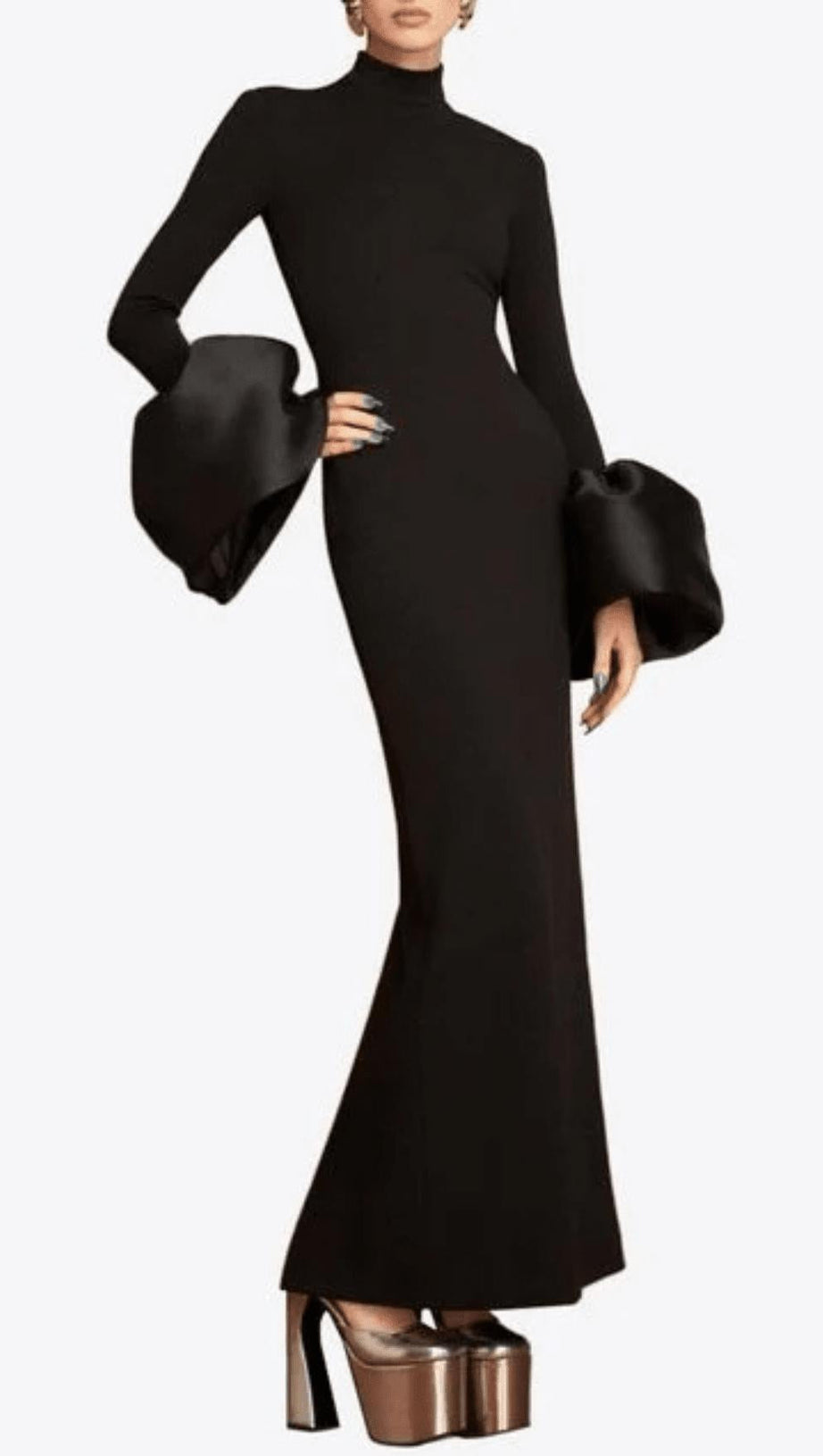 BLACK TRUMPET SLEEVE HIGH-NECK MAXI DRESS