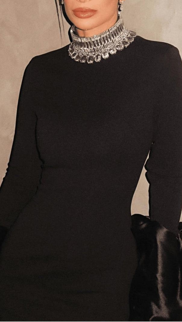 AIIZIE BLACK TRUMPET SLEEVE HIGH-NECK MAXI DRESS - product image