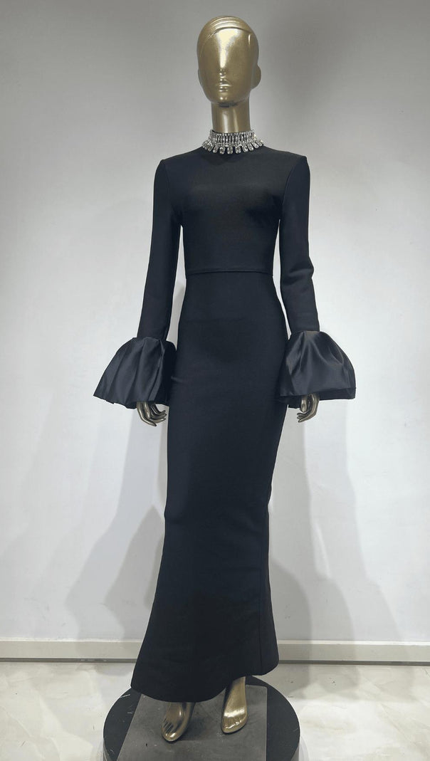 AIIZIE BLACK TRUMPET SLEEVE HIGH-NECK MAXI DRESS - product image