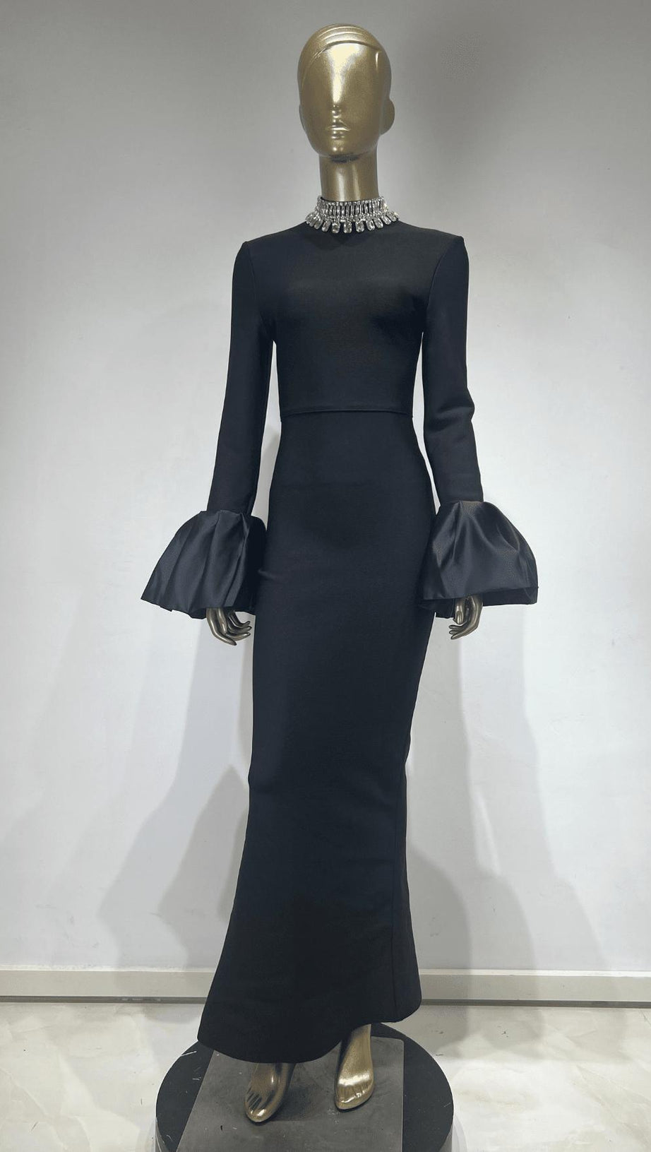 BLACK TRUMPET SLEEVE HIGH-NECK MAXI DRESS