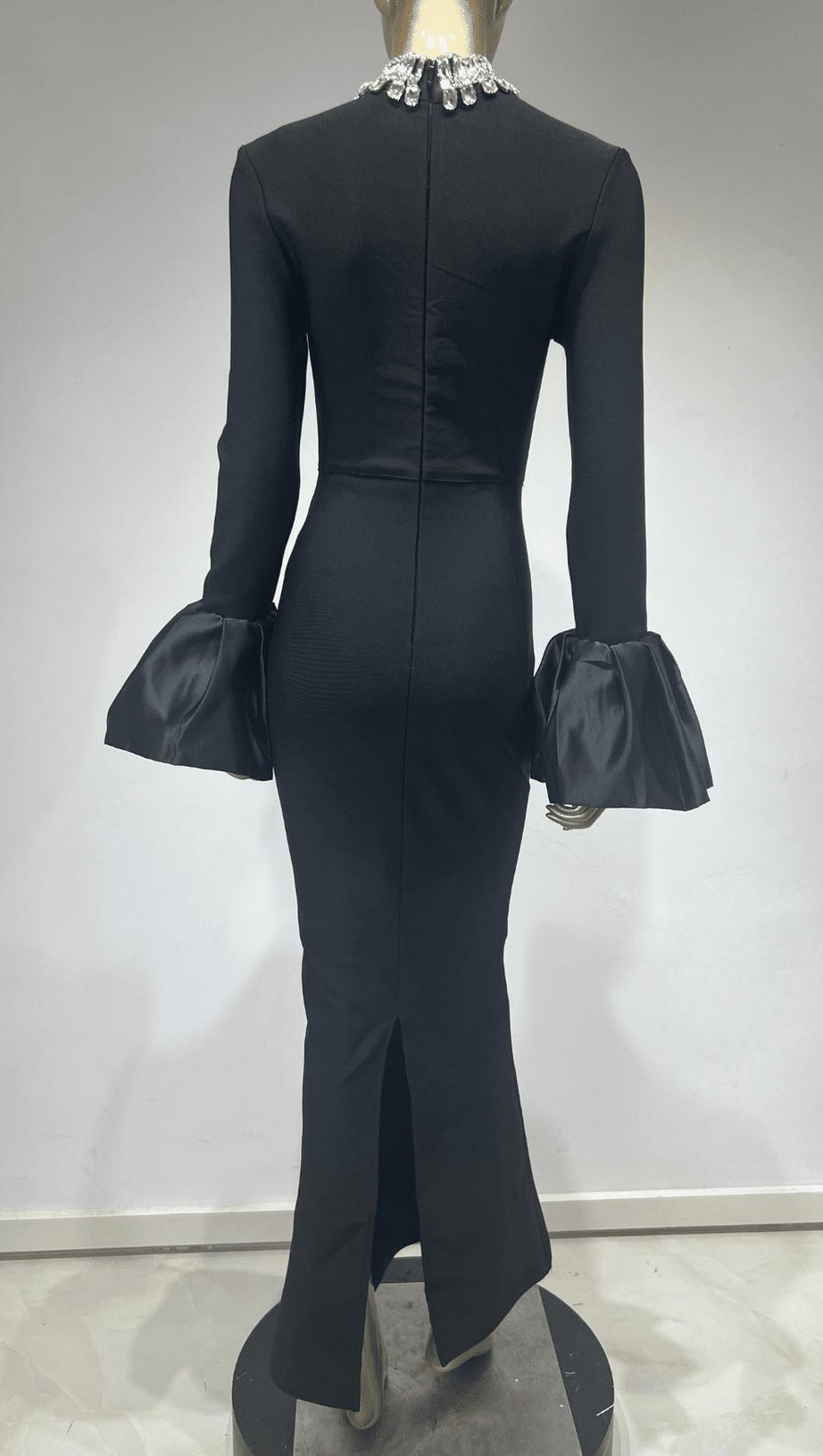 BLACK TRUMPET SLEEVE HIGH-NECK MAXI DRESS