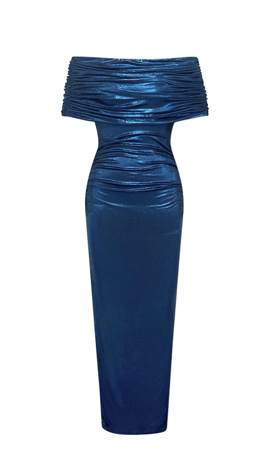 BLAUES DRAPIERTES MAXIKLEID MIT OFFENEN SCHULTERN