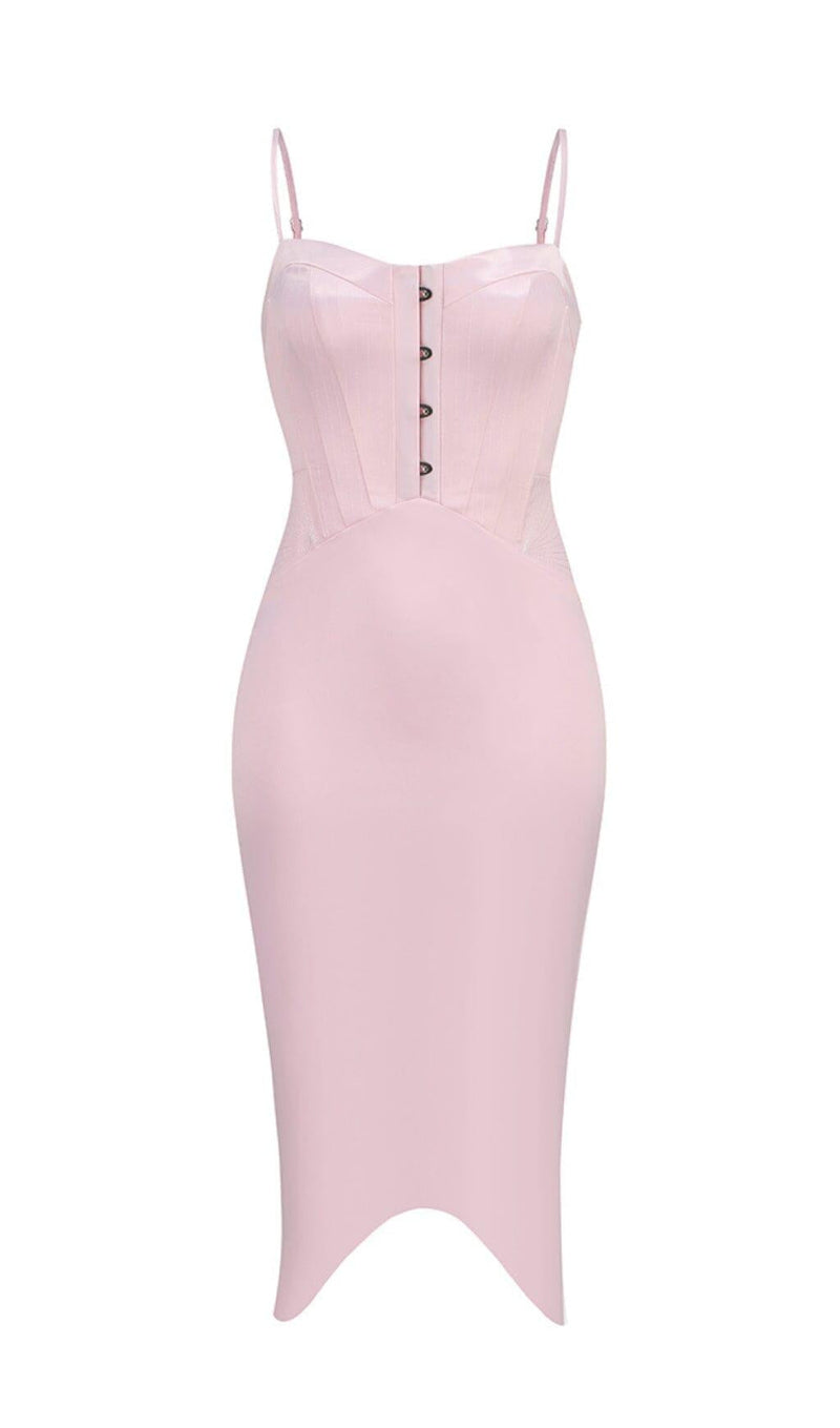 PERIWINKLE SATIN CORSET MIDI DRESS IN PINK