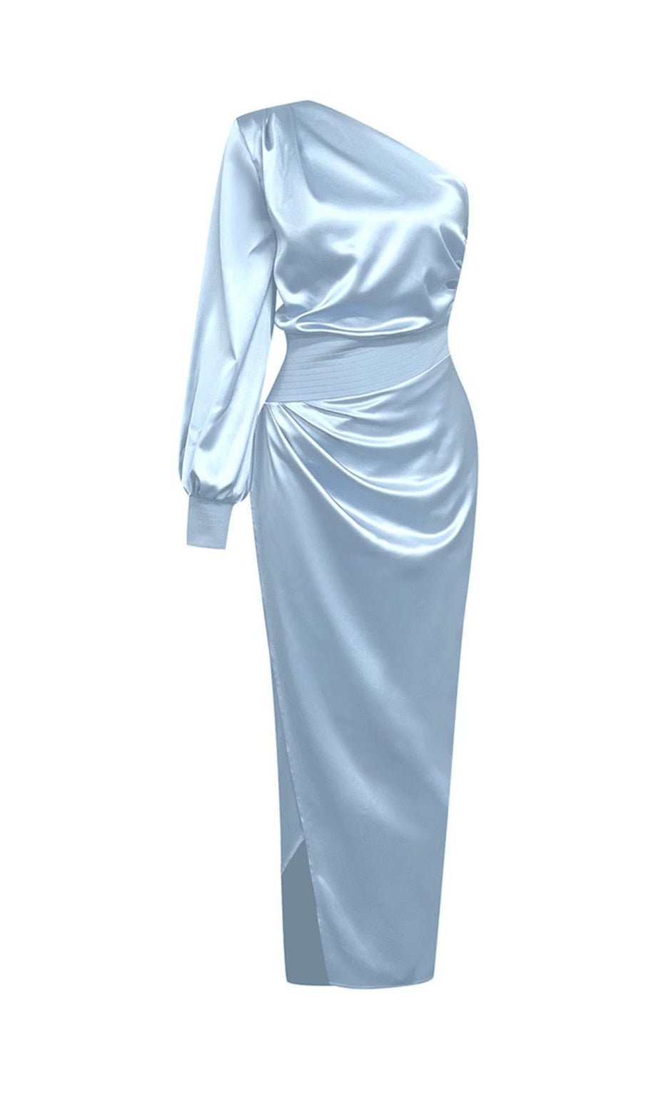 BLAUES SATIN-MAXIKLEID MIT EINER SCHULTER UND PUFFÄRMELN