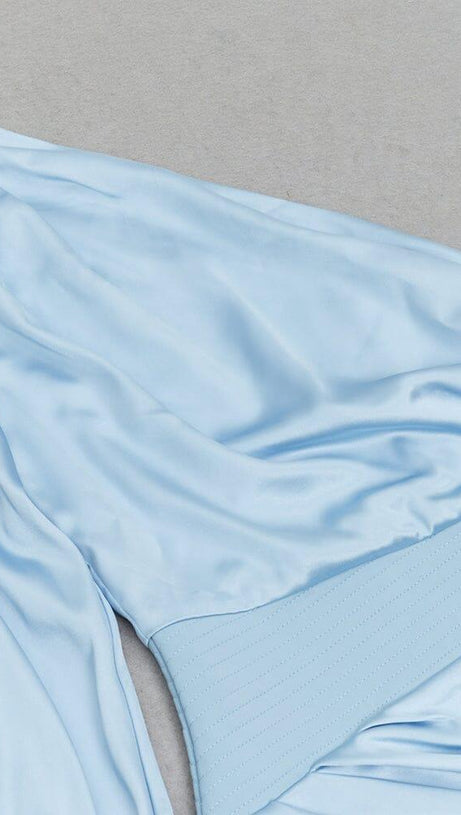 BLUE ONE SHOULDER PUFF SLEEVE SATIN MAXI DRESS