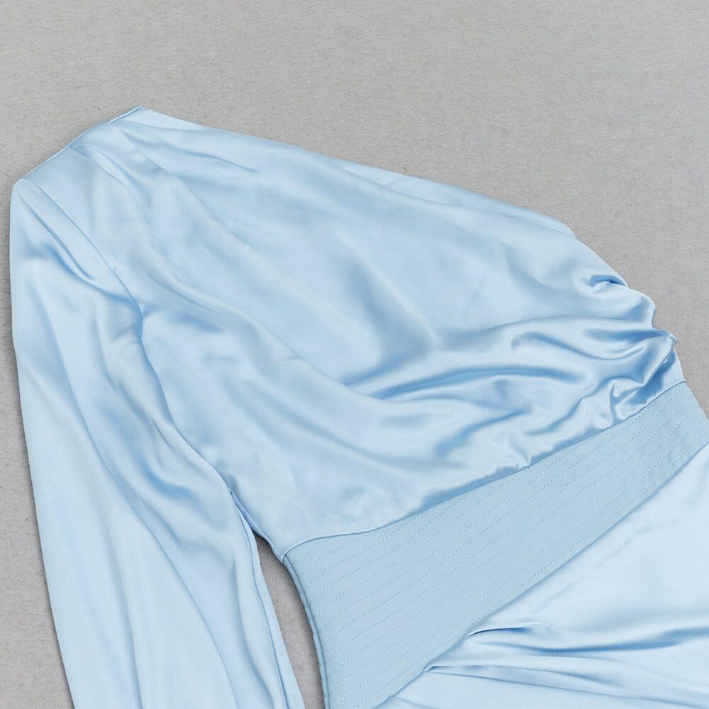 AIIZIE BLUE ONE SHOULDER PUFF SLEEVE SATIN MAXI DRESS - product image