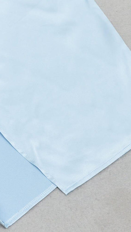 BLUE ONE SHOULDER PUFF SLEEVE SATIN MAXI DRESS