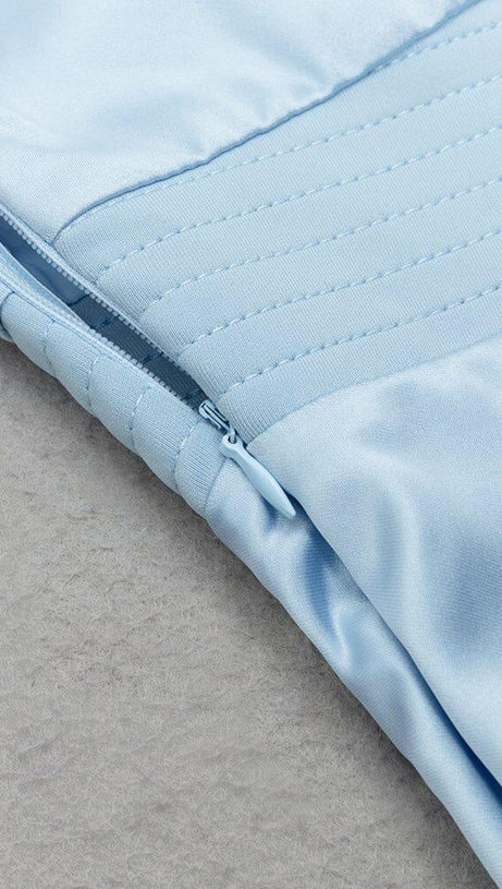 BLUE ONE SHOULDER PUFF SLEEVE SATIN MAXI DRESS