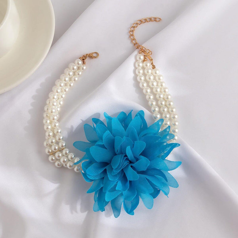 BLUE PEARL EMBELLISHED FLOWER CHOKER