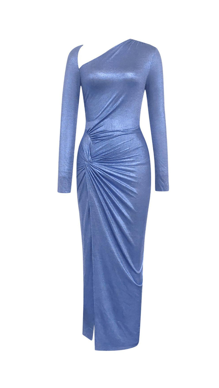 BLUE RUCHED SPLIT THIGH MAXI DRESS