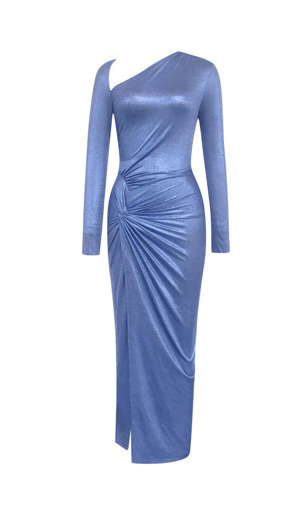 BLUE RUCHED SPLIT THIGH MAXI DRESS