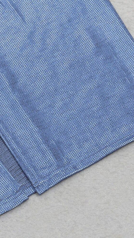 BLUE RUCHED SPLIT THIGH MAXI DRESS