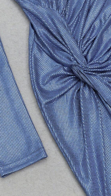 BLUE RUCHED SPLIT THIGH MAXI DRESS