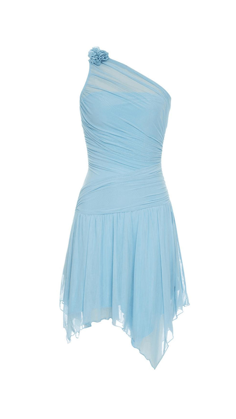 BLUE SLEEVELESS ONE-SHOULDER FLORAL MINI DRESS