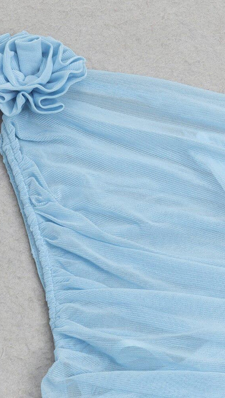 BLUE SLEEVELESS ONE-SHOULDER FLORAL MINI DRESS