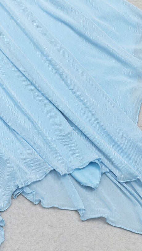 BLUE SLEEVELESS ONE-SHOULDER FLORAL MINI DRESS