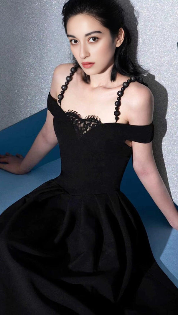 Pearl Strap Midi Dress in Black