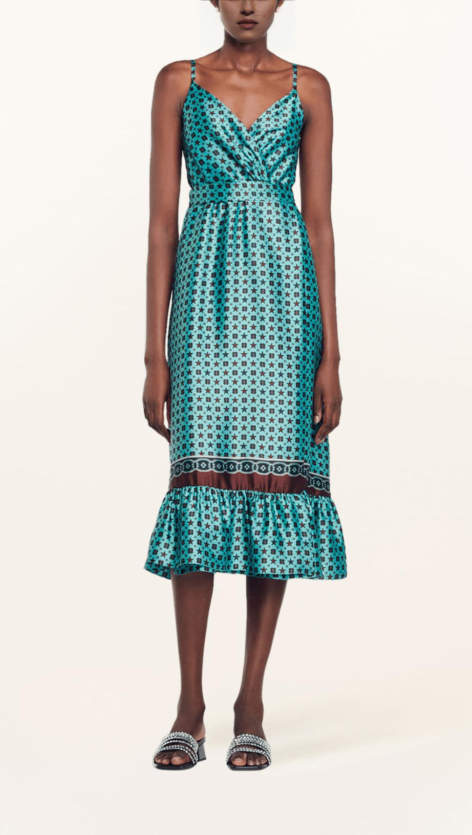 Ärmelloses Midikleid aus bedrucktem Satin 