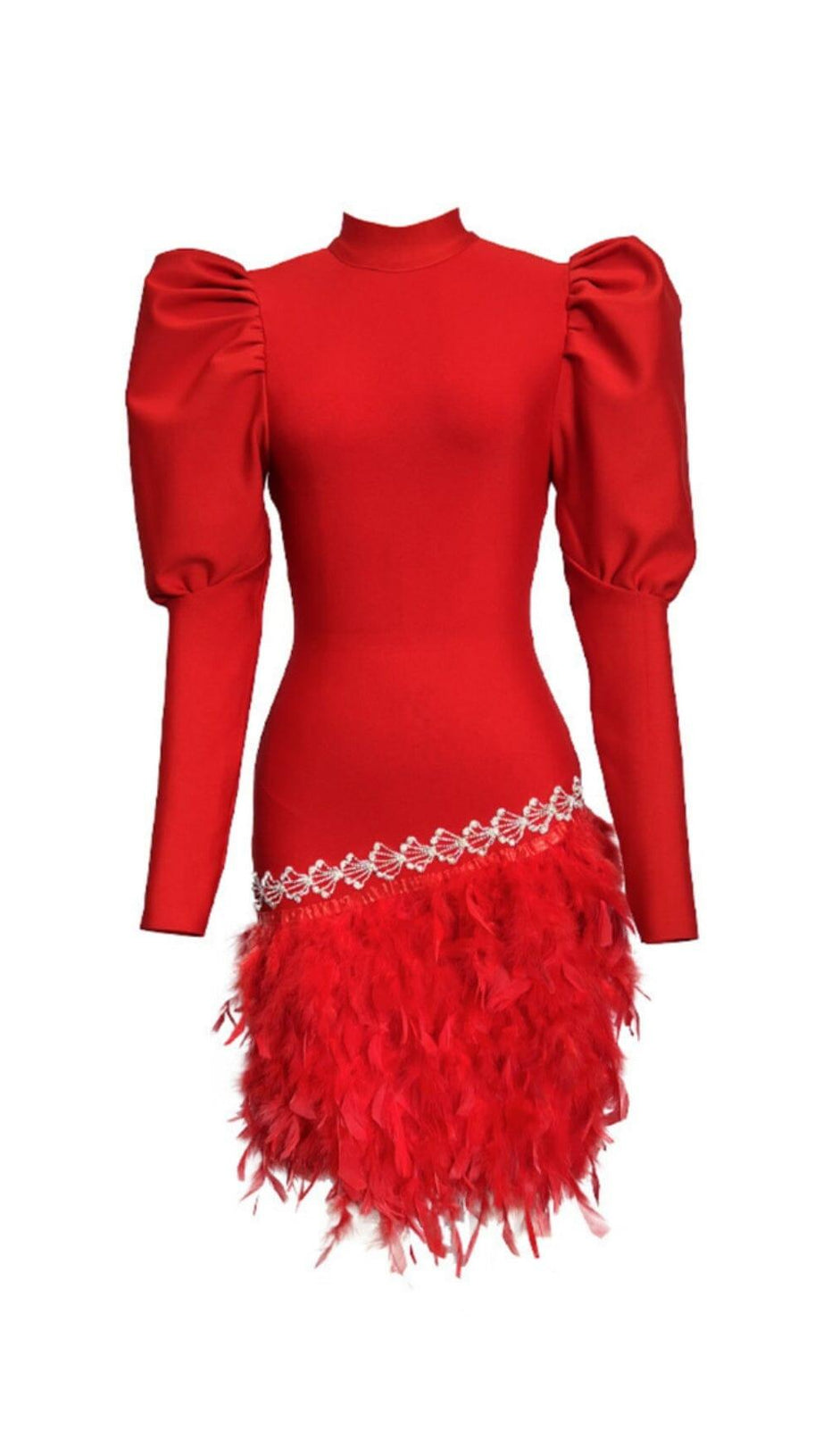 PUFF SLEEVE CRYSTAL FEATHER BANDAGE DRESS