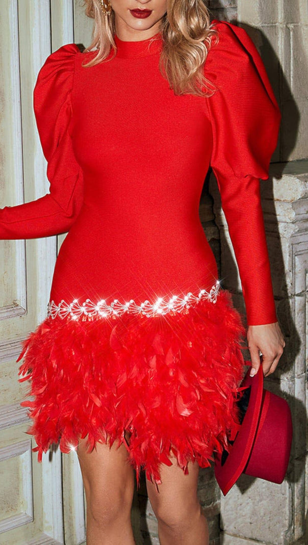 AIIZIE PUFF SLEEVE CRYSTAL FEATHER BANDAGE DRESS - product image