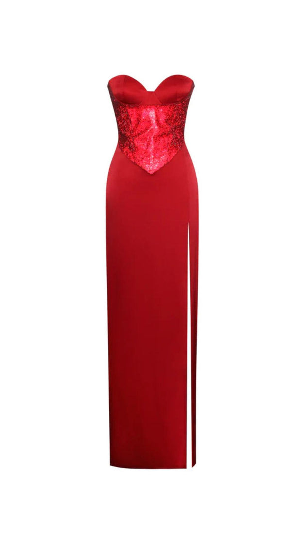AIIZIE RED CRYSTAL HIGH SLIT SATIN CORSET GOWN - product image