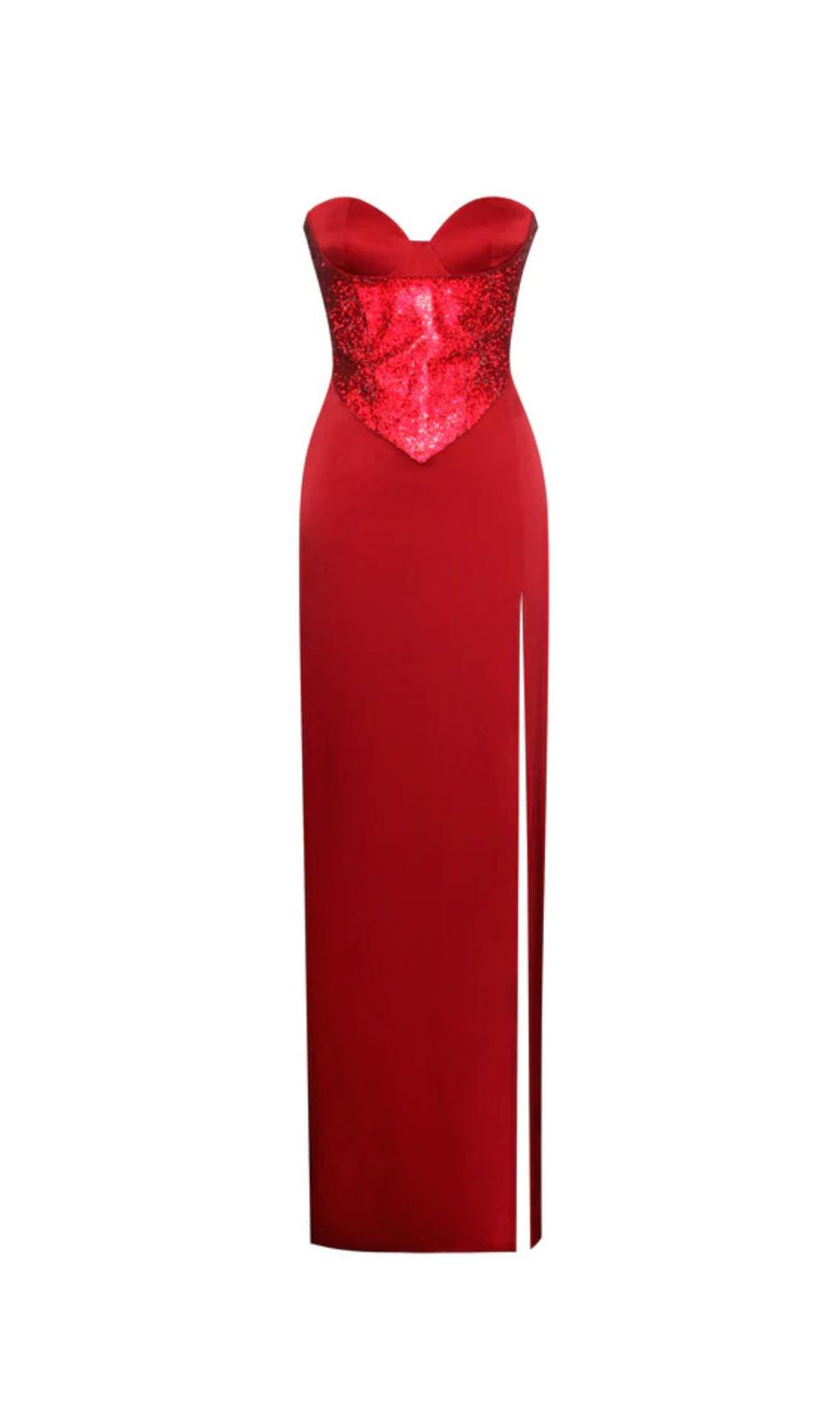 ABITO CORSETTO IN RASO CON SPACCO ALTO E CRISTALLI ROSSI 