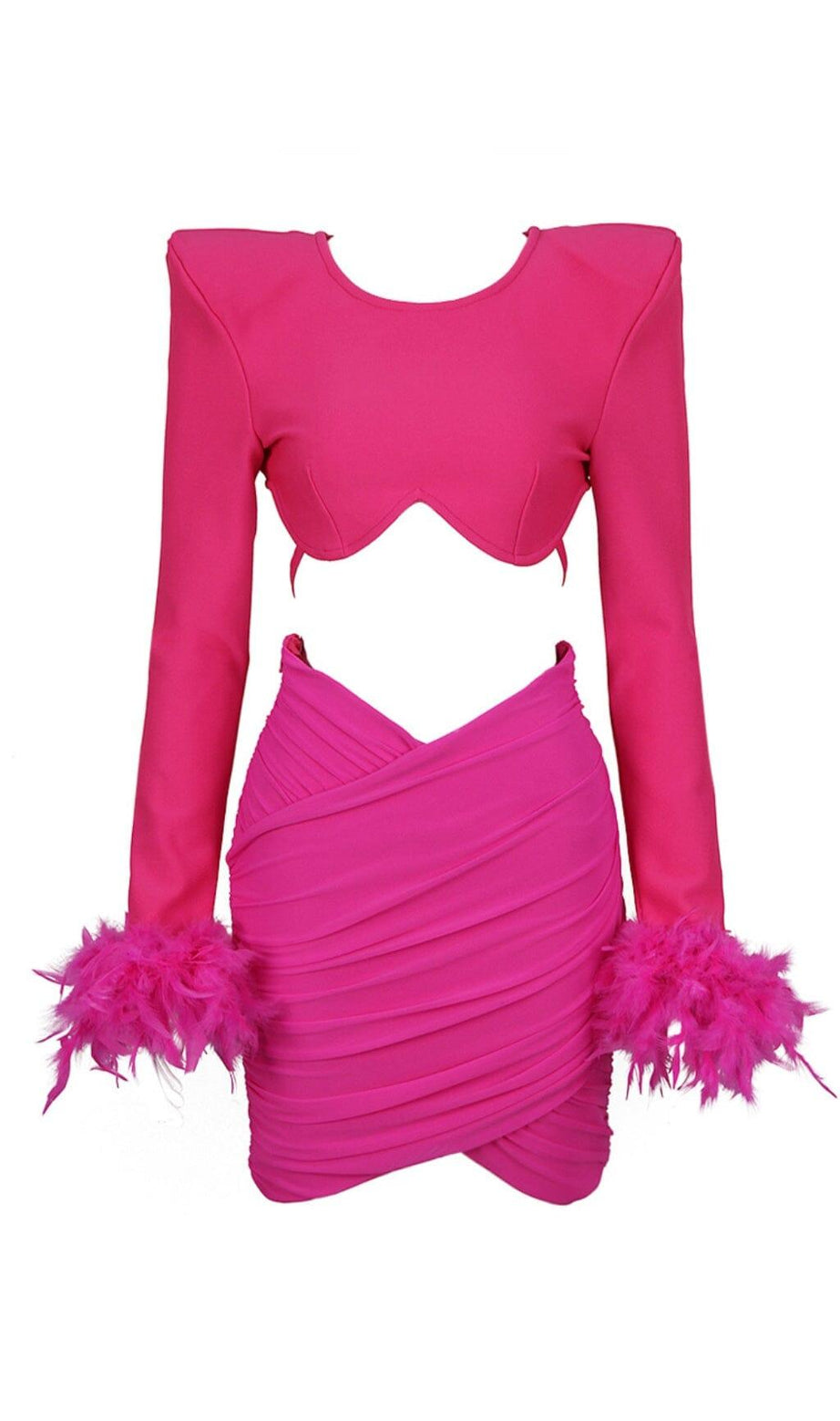 Schulterpolster-Taille freiliegendes Federblusen-Faltenkleid in Pink
