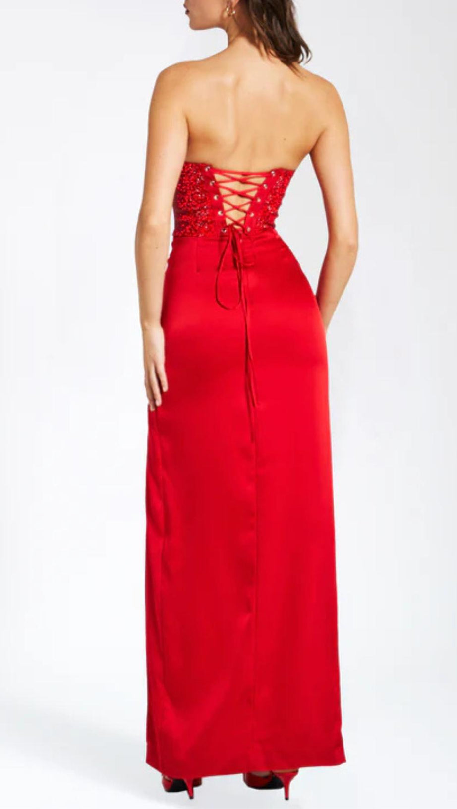 RED CRYSTAL HIGH SLIT SATIN CORSET GOWN