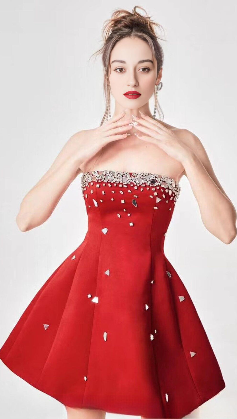 RED CRYSTAL-EMBELLISHED STRAPLESS MINI DRESS