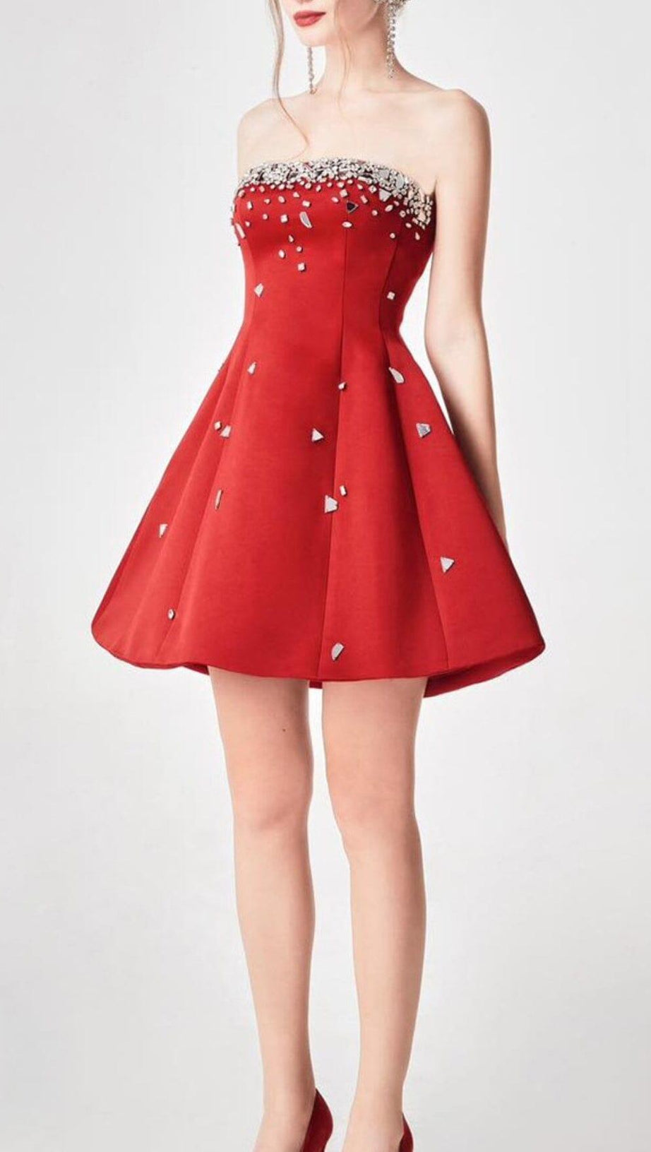 RED CRYSTAL-EMBELLISHED STRAPLESS MINI DRESS