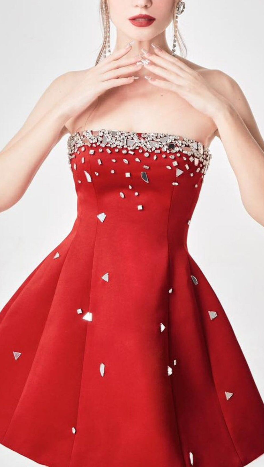 RED CRYSTAL-EMBELLISHED STRAPLESS MINI DRESS