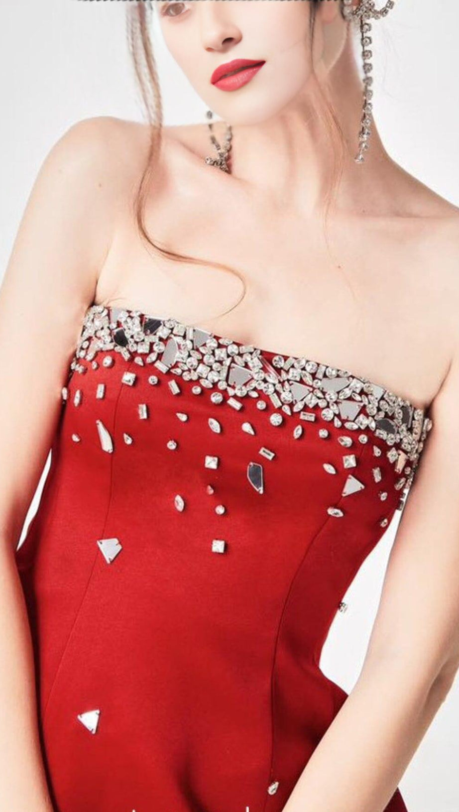 RED CRYSTAL-EMBELLISHED STRAPLESS MINI DRESS
