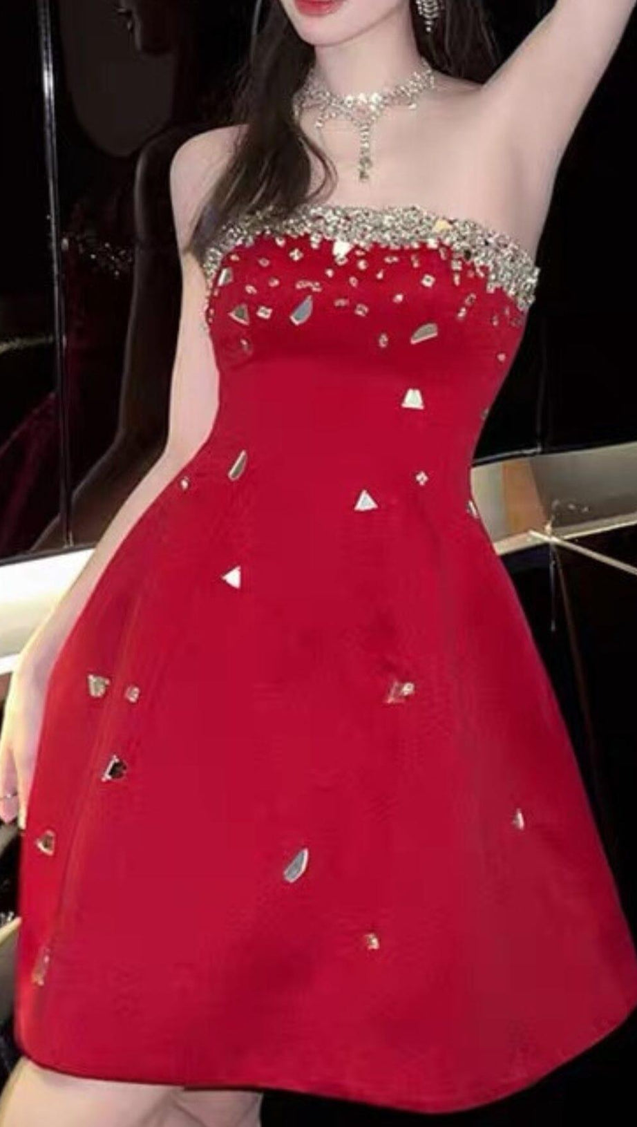 RED CRYSTAL-EMBELLISHED STRAPLESS MINI DRESS