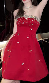 RED CRYSTAL-EMBELLISHED STRAPLESS MINI DRESS