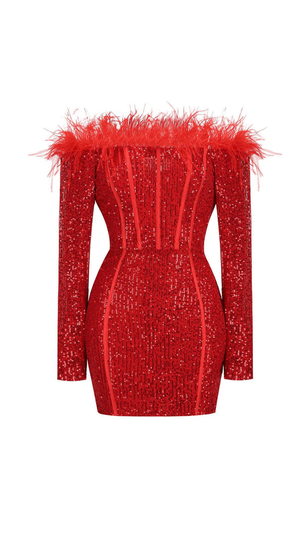 AIIZIE RED LONG SLEEVE FEATHERS SEQUIN DRESS - product image