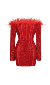 RED LONG SLEEVE FEATHERS SEQUIN DRESS