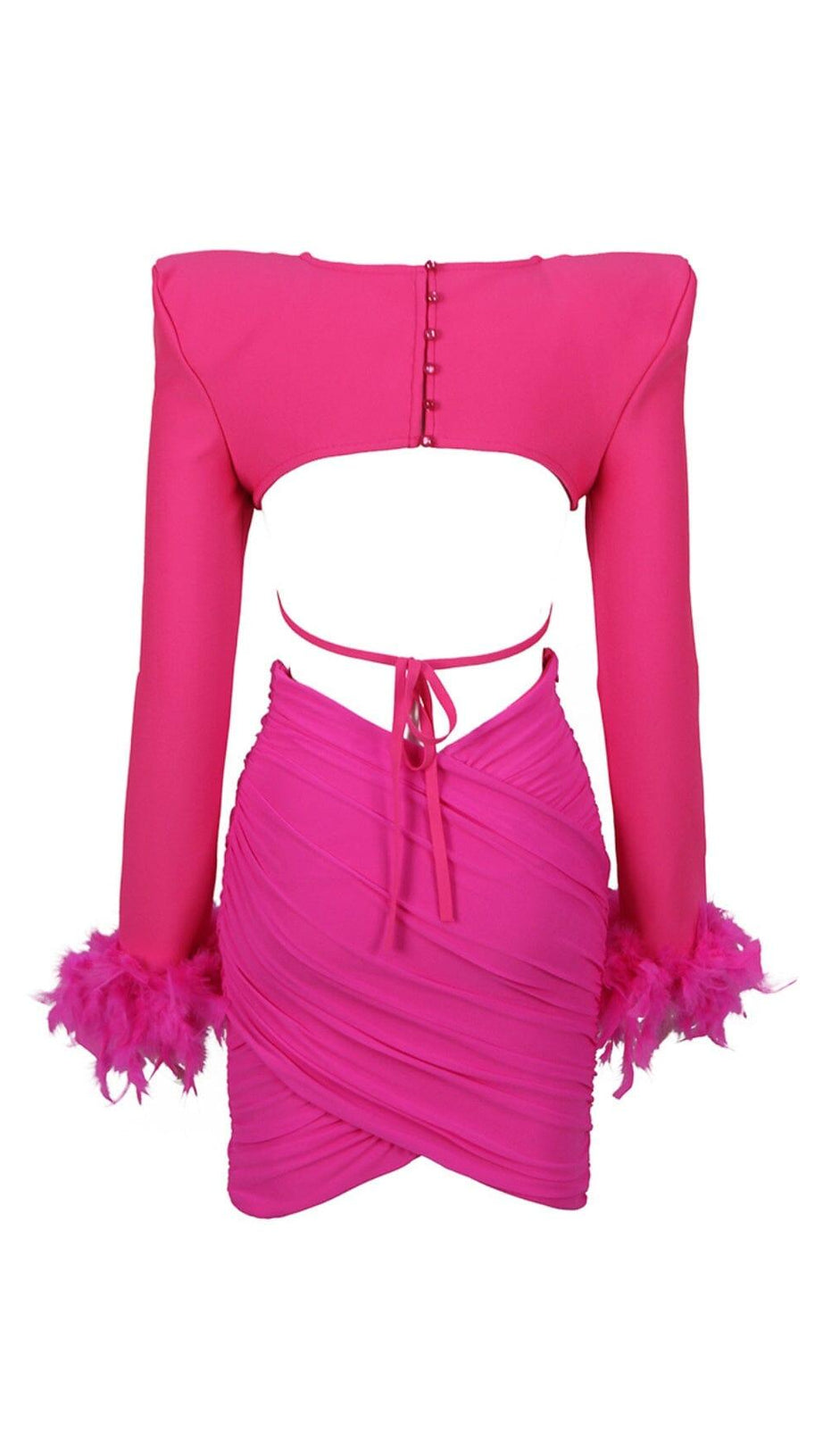 ABITO PLISSETTATO CON CAMICIA DI PIUME E SPALLE SCOLLATE IN ROSA