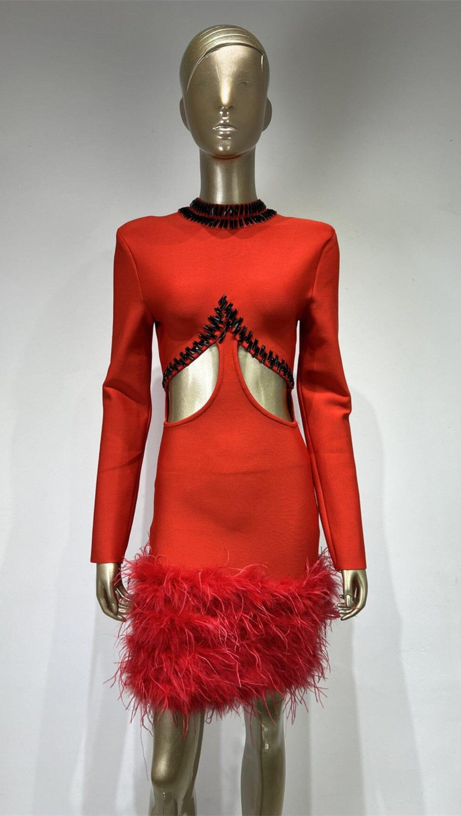 RHINESTONE CUTOUT FEATHER BANDAGE DRESS IN RED