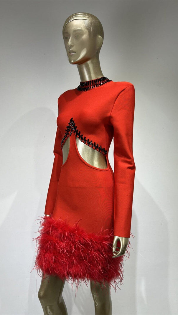 AIIZIE RHINESTONE CUTOUT FEATHER BANDAGE DRESS IN RED - product image