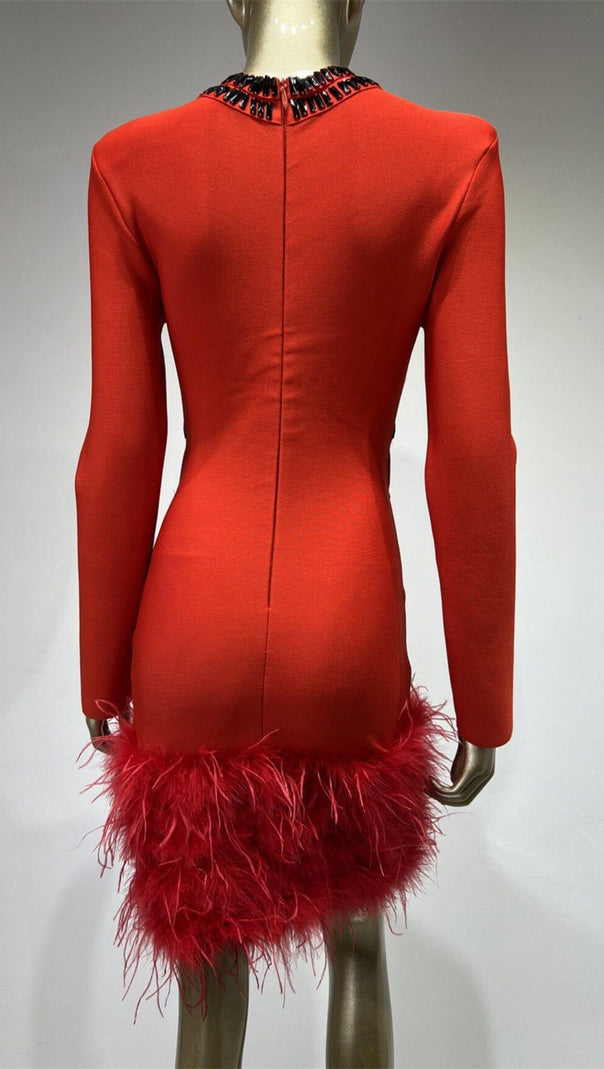 AIIZIE RHINESTONE CUTOUT FEATHER BANDAGE DRESS IN RED - product image