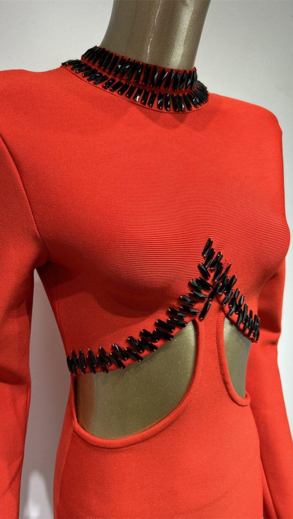 AIIZIE RHINESTONE CUTOUT FEATHER BANDAGE DRESS IN RED - product image