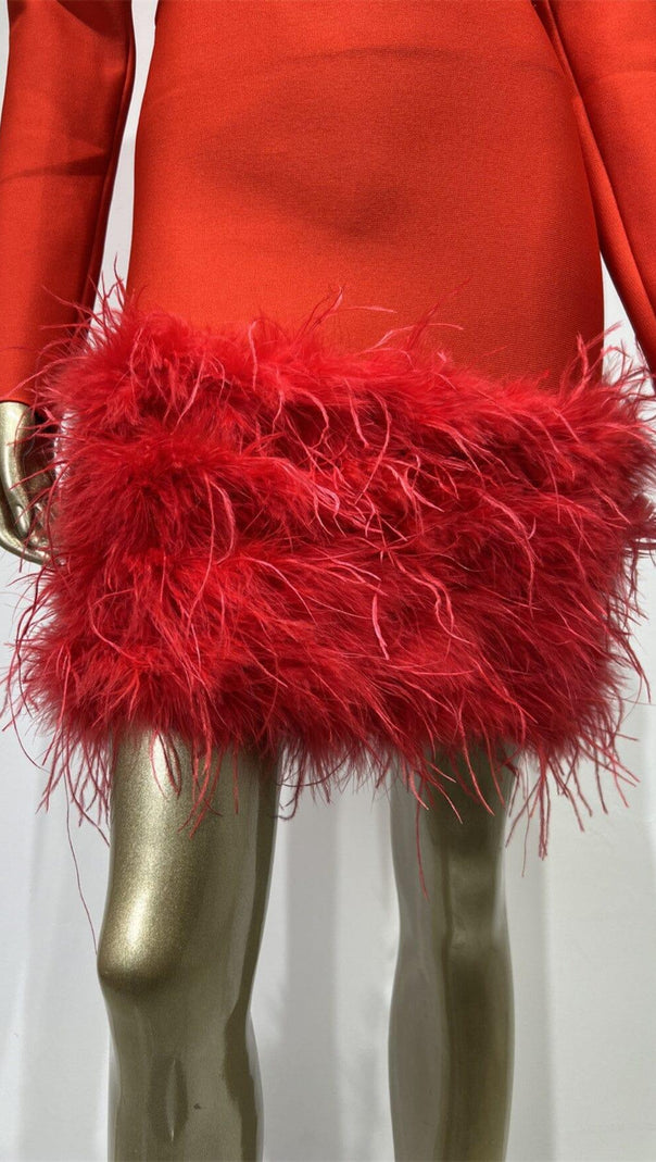 AIIZIE RHINESTONE CUTOUT FEATHER BANDAGE DRESS IN RED - product image