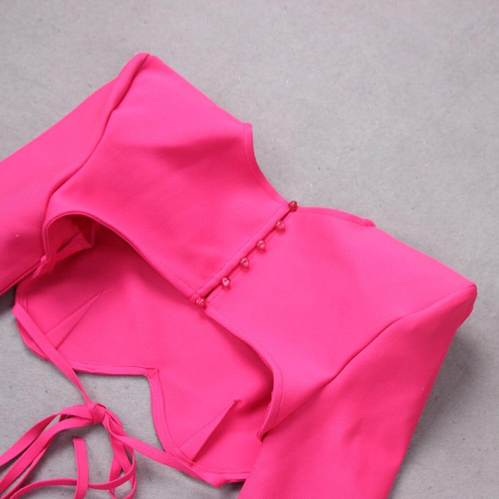AIIZIE SHOULEDR PAD WAIST BARING FEATHER BLOUSE PLEATED DRESS IN PINK - product image