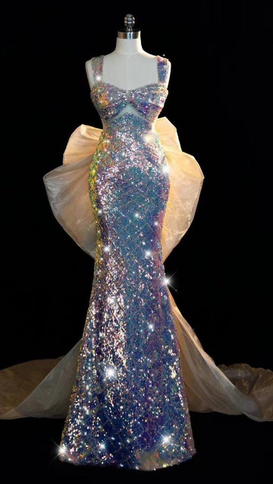 ABITO LUNGO CON FIOCCO IN GARZA DI PAILLETTES