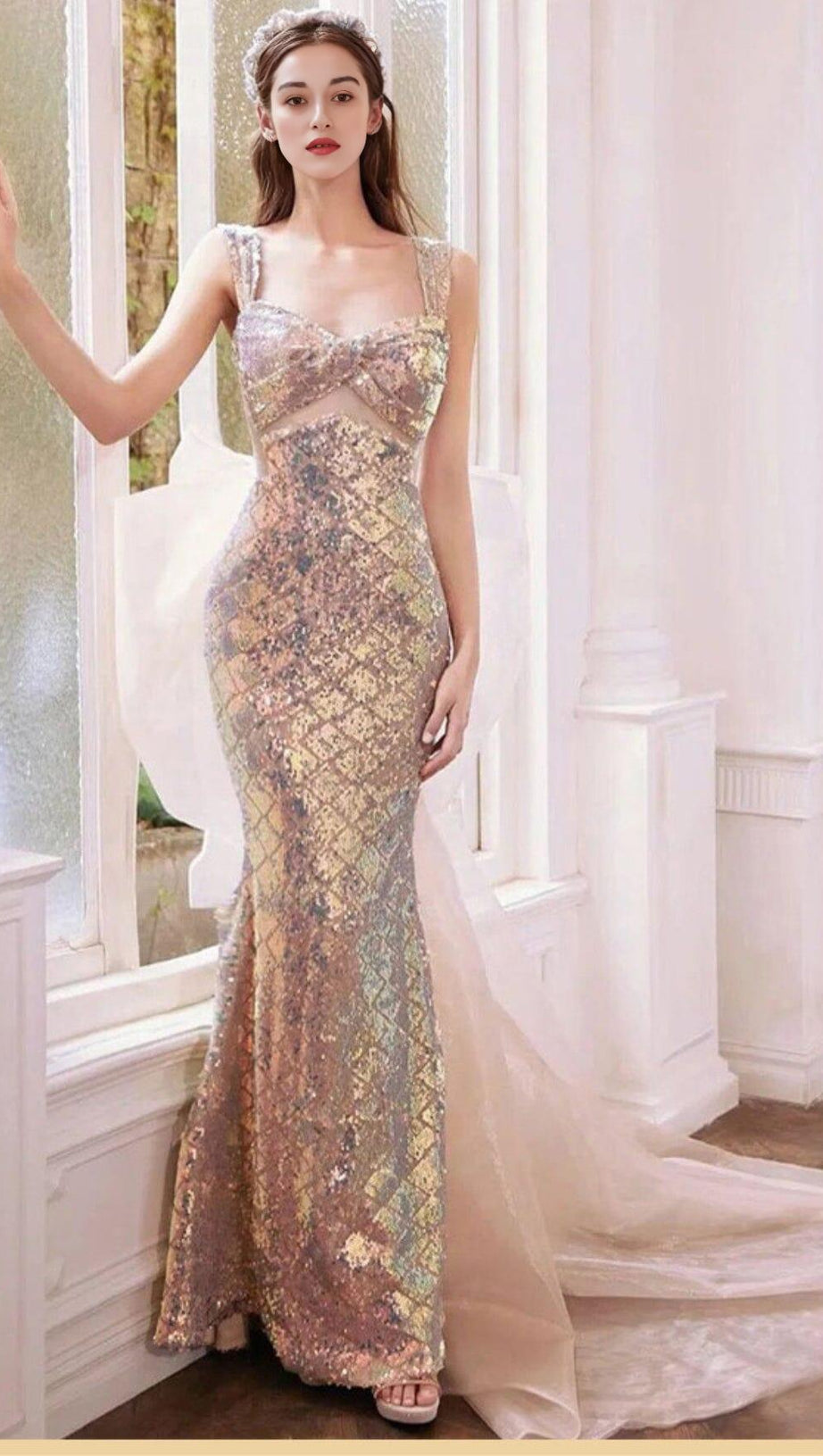 SEQUIN GAUZE BOW MAXI DRESS