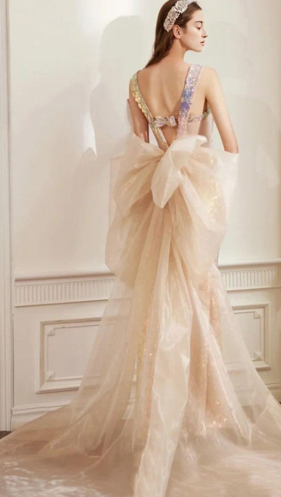 SEQUIN GAUZE BOW MAXI DRESS