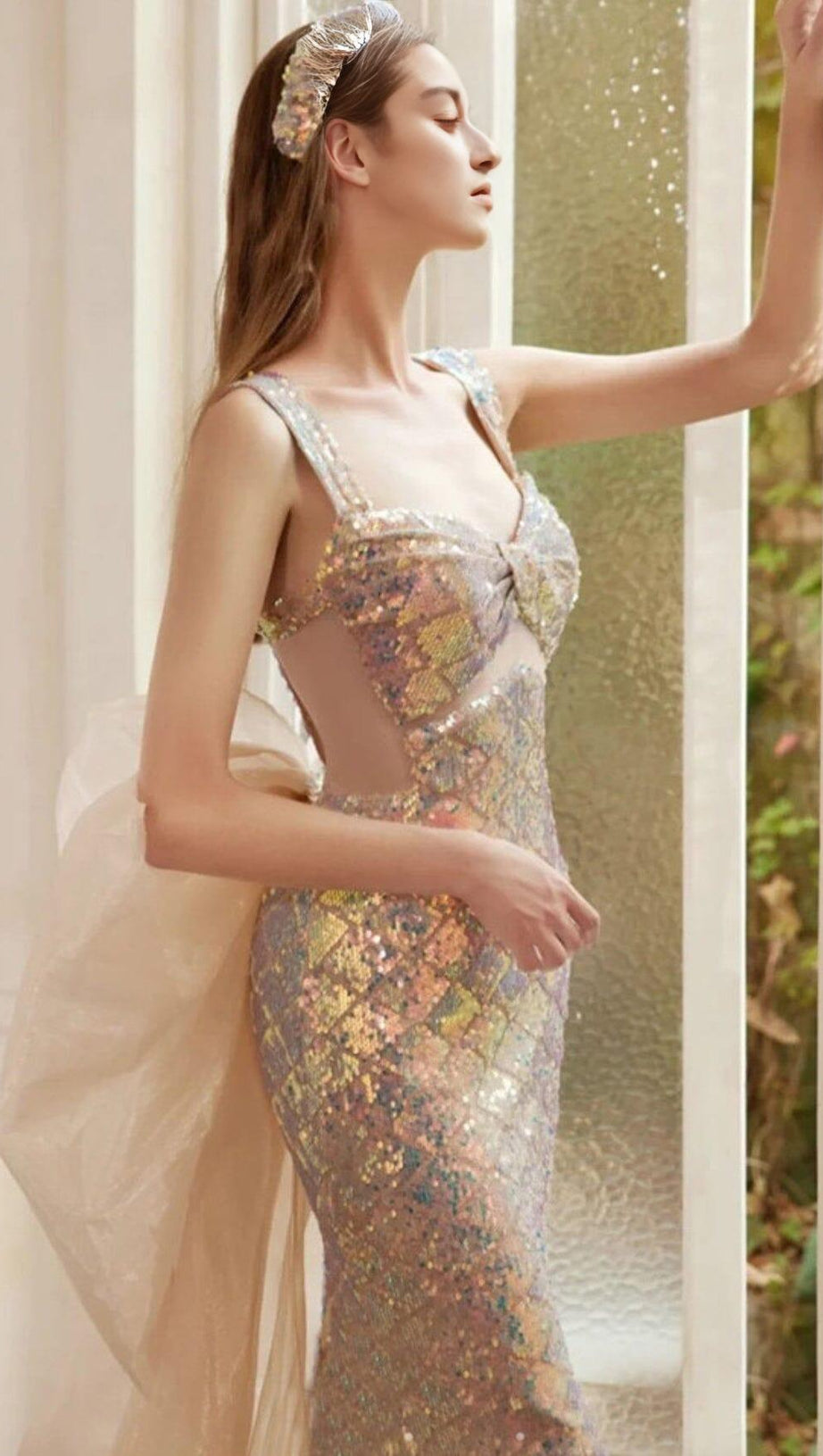 SEQUIN GAUZE BOW MAXI DRESS